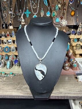 White and Black Stone Pendant Necklace - Handmade Women’s Jewelry